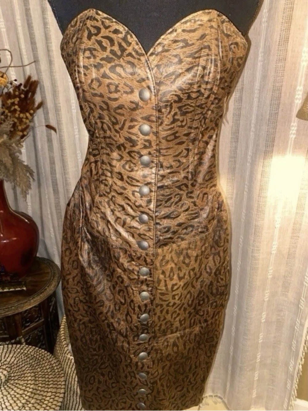 Michael  Hoban 80’s  Leather strapless leopard Dress